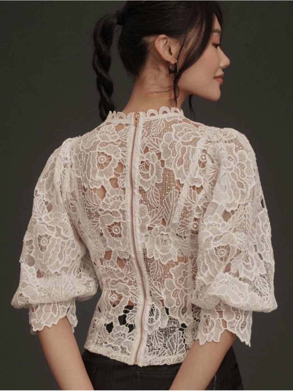 Anthropologie White Lace Puff-Sleeve Top Size L - Picture 2 of 6